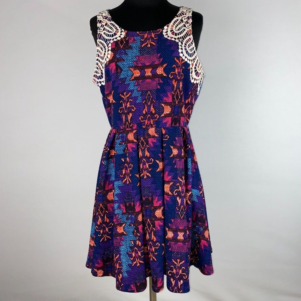 Xhilaration Juniors L Patterned Sleeveless Fit & Flare Dress Crochet Accents